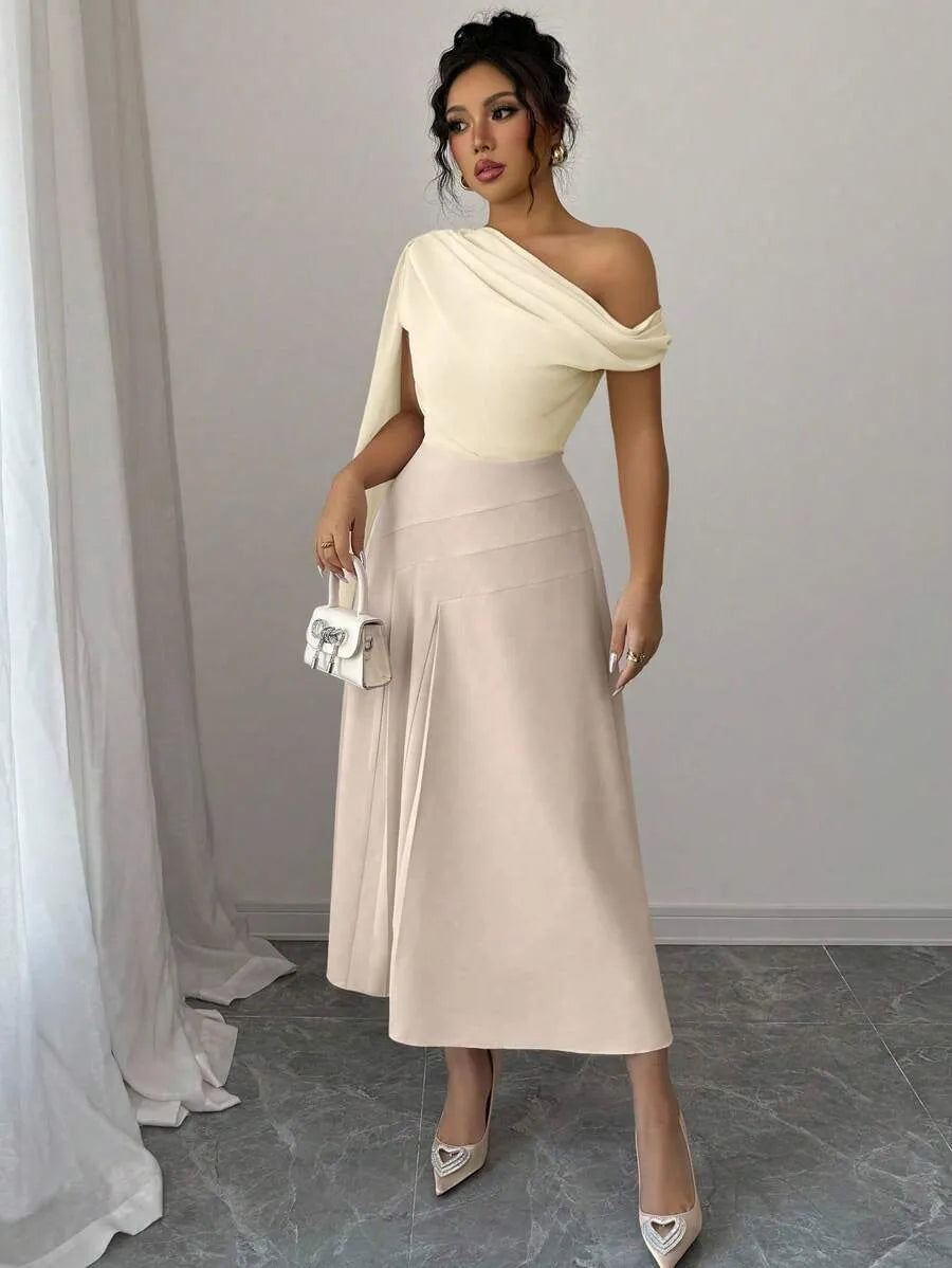 SHEIN Elenzga فستان شبك بكتف مفتوح وخصر مرن لون مشمشي