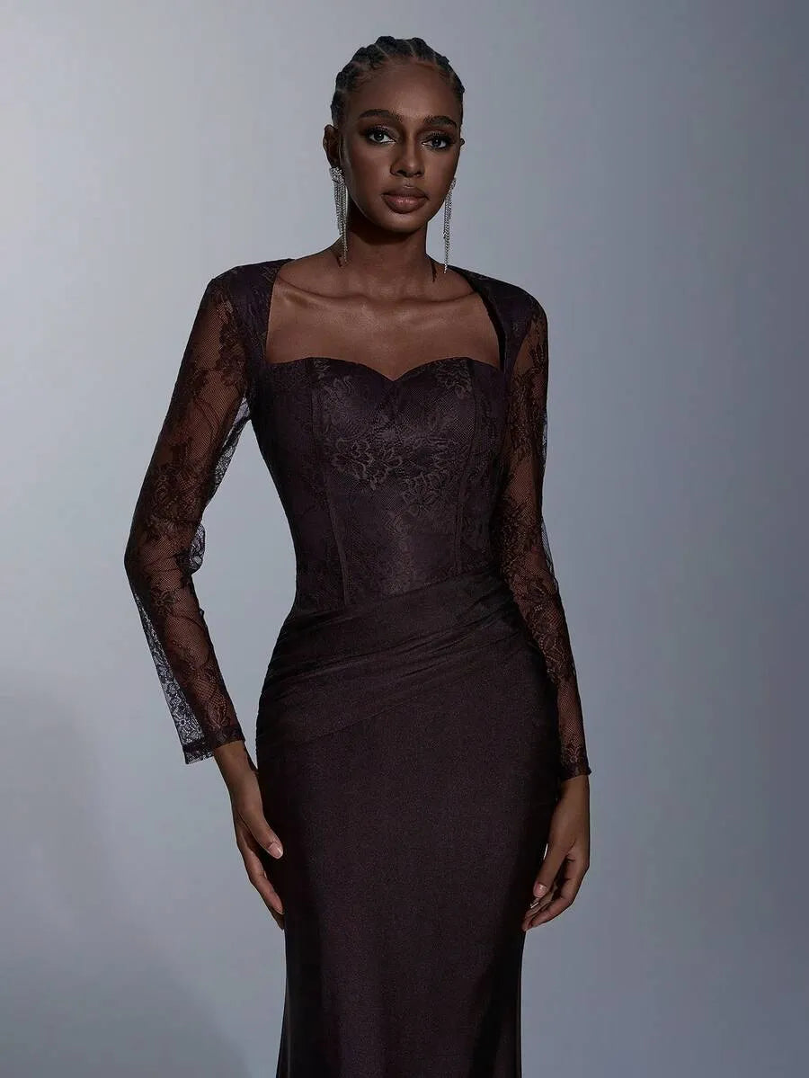 SHEIN Elitara فستان نسائي بني داكن ماكسي بأكمام طويلة وتصميم ذيل سمكة