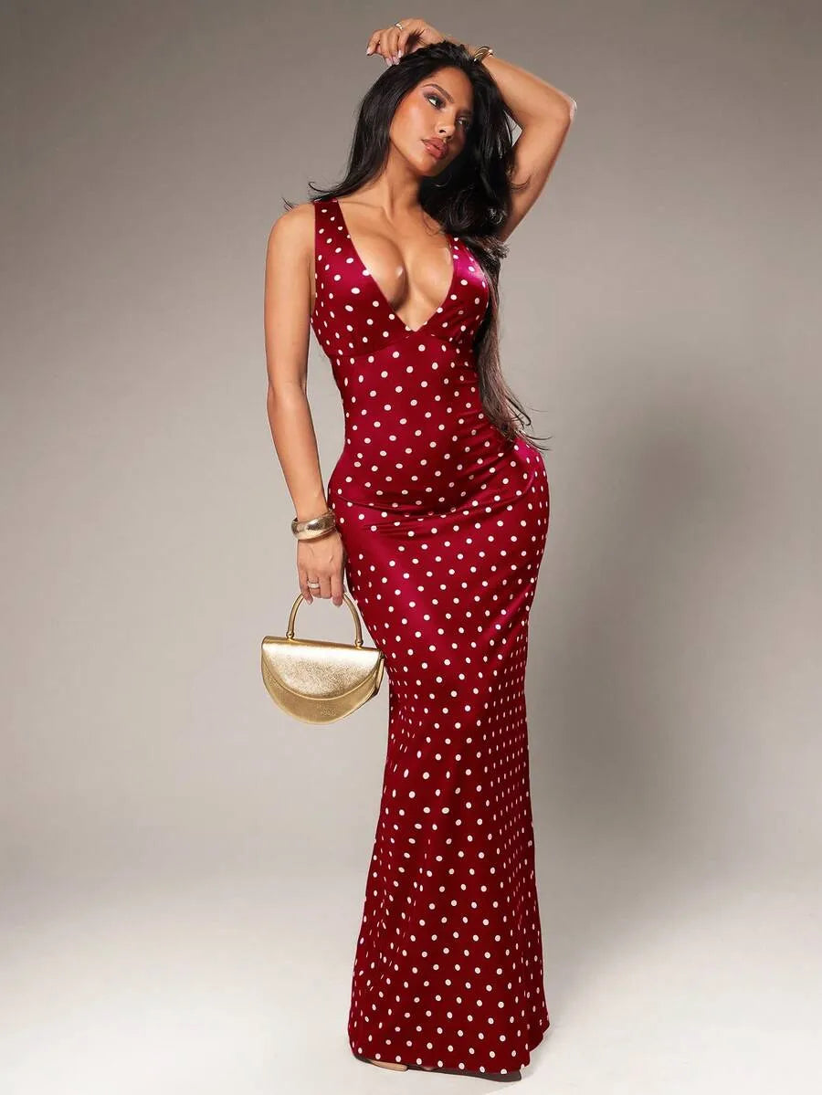 SHEIN Radiana فستان ماكسي ضيق بنقاط بنية وصفراء وظهر مكشوف بتصميم حورية البحر