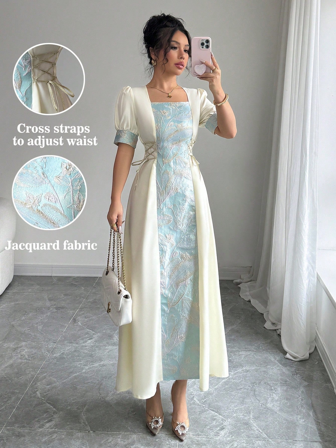 SHEIN Elenzga فستان طويل للنساء بياقة مربعة وتصميم جاكارد فاخر بسحاب