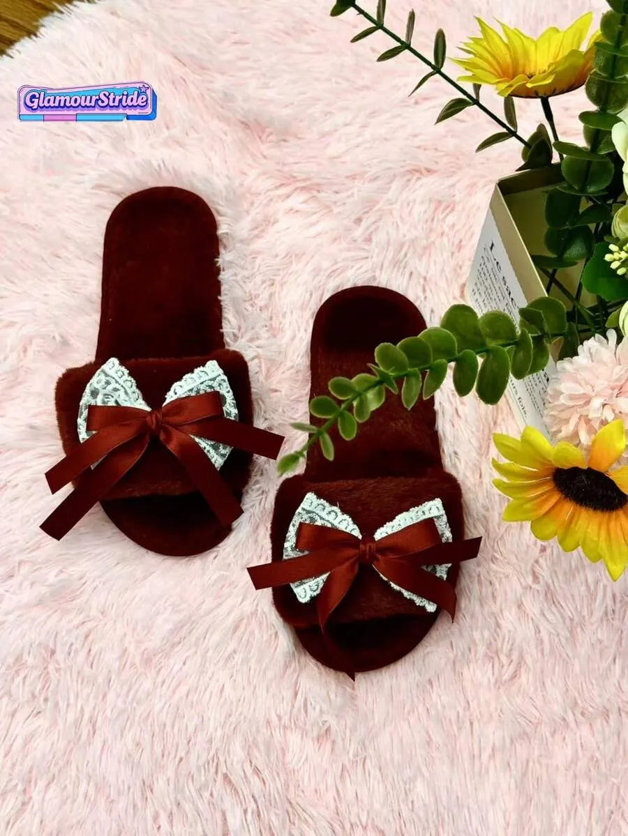 SHEIN شبشب نسائي مسطح مفتوح من الأمام بفيونكة دانتيل