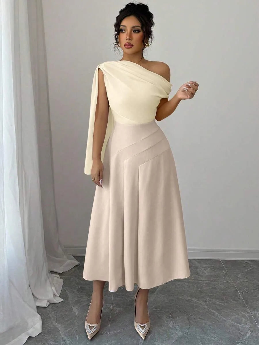 SHEIN Elenzga فستان شبك بكتف مفتوح وخصر مرن لون مشمشي