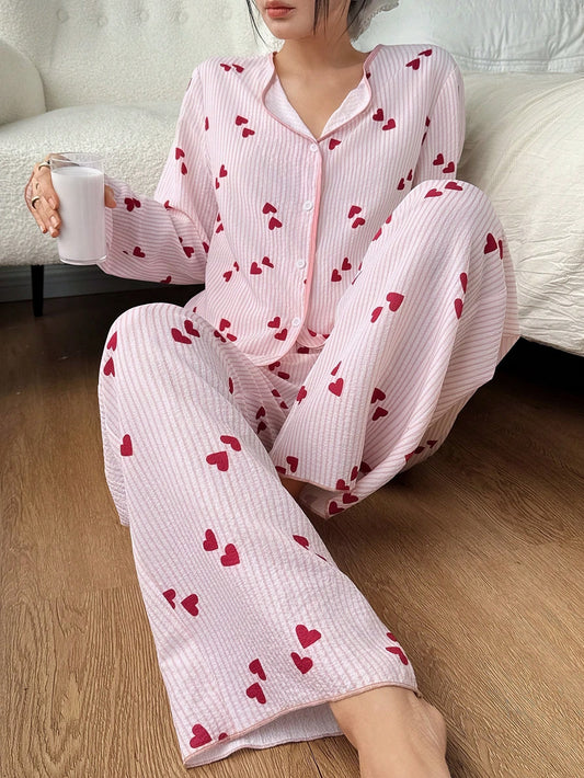 SHEIN Snug Zone بيجامة كاجوال بعلوية مخططة وبنطلون بأكمام طويلة