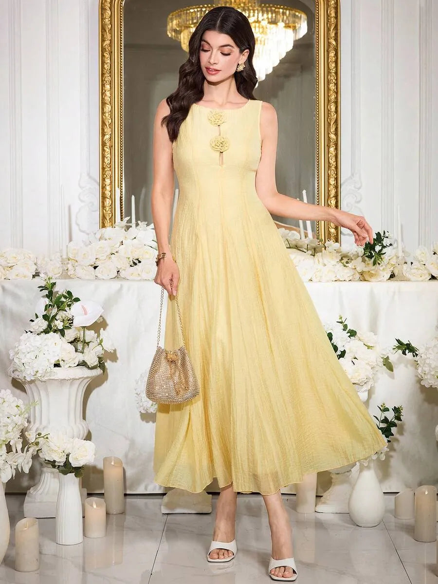 SHEIN Modelyn فستان بطباعة زهور ثلاثية الأبعاد أصفر