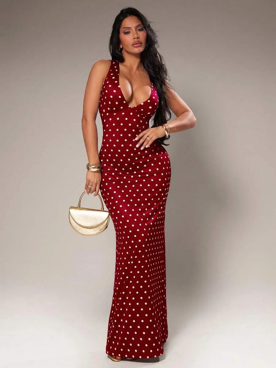 SHEIN Radiana فستان ماكسي ضيق بنقاط بنية وصفراء وظهر مكشوف بتصميم حورية البحر
