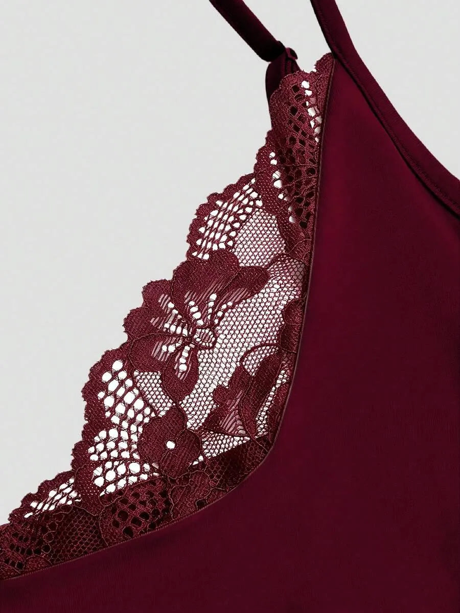 SHEIN Sweetra فستان نسائي أنيق بطول متوسط بتفاصيل دانتيل عنابي اللون