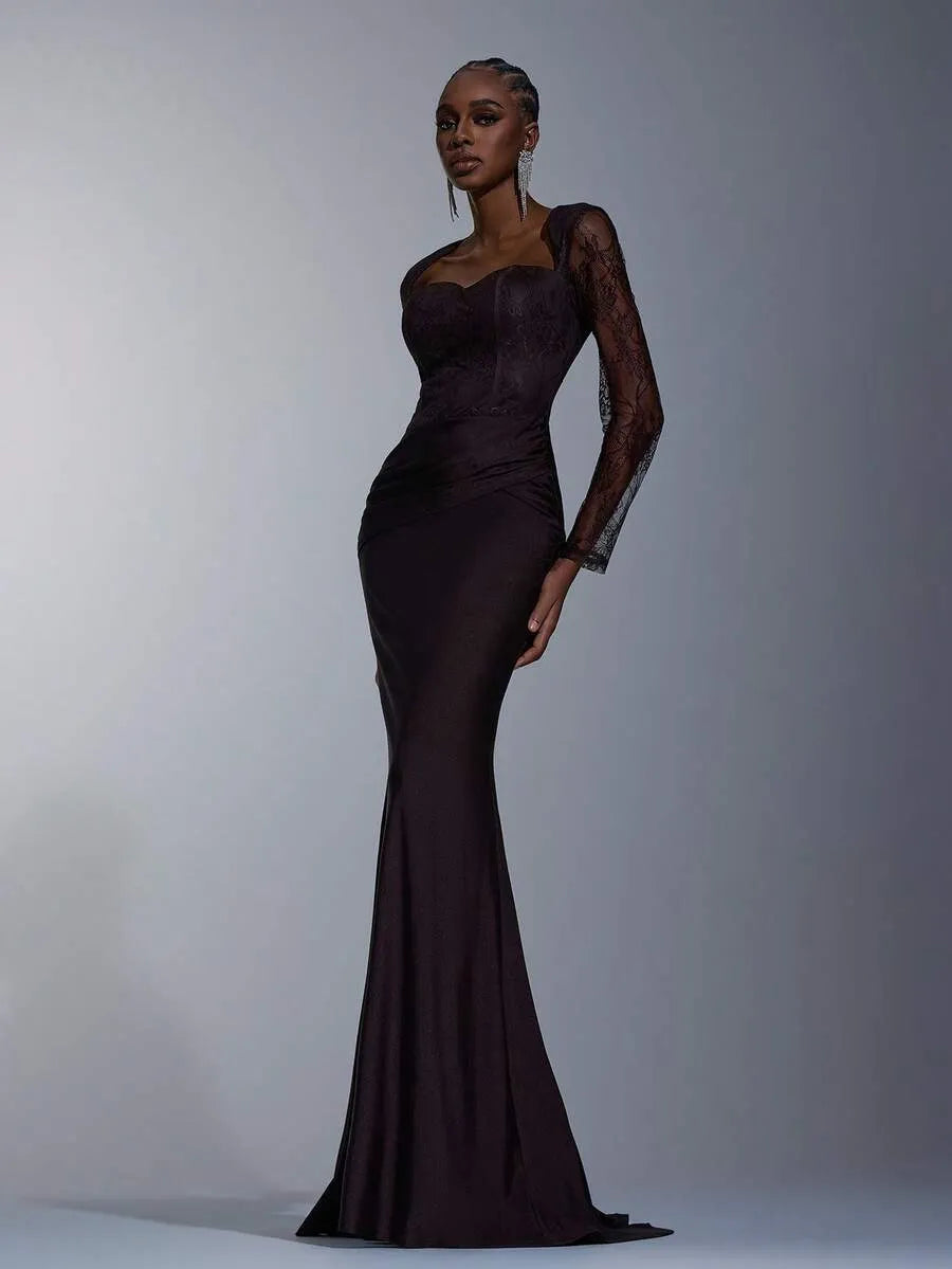 SHEIN Elitara فستان نسائي بني داكن ماكسي بأكمام طويلة وتصميم ذيل سمكة