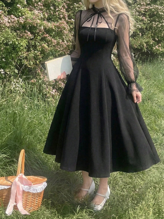 SHEIN MOD فستان أسود متوسط الطول بياقة عالية وأكمام شبك