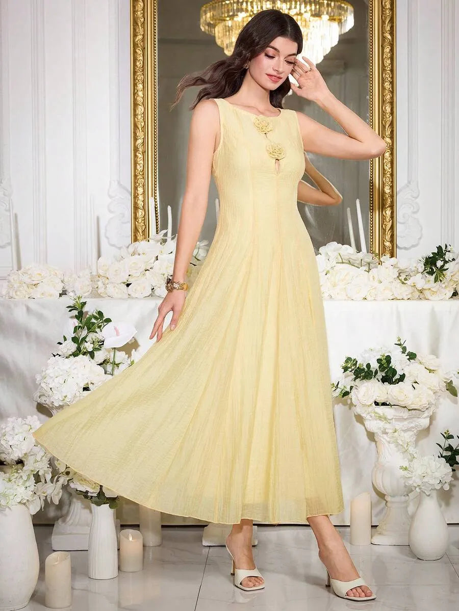SHEIN Modelyn فستان بطباعة زهور ثلاثية الأبعاد أصفر