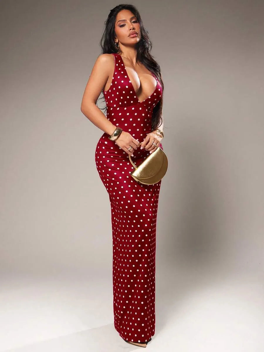 SHEIN Radiana فستان ماكسي ضيق بنقاط بنية وصفراء وظهر مكشوف بتصميم حورية البحر