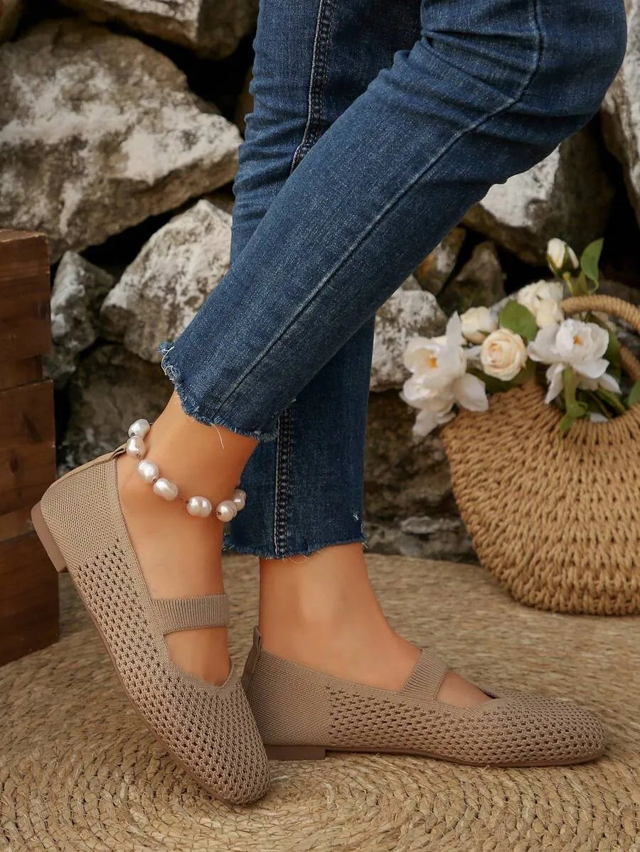SHEIN أحذية ماري جين نسائية محبوكة مسطحة بمقدمة مربعة شبكة