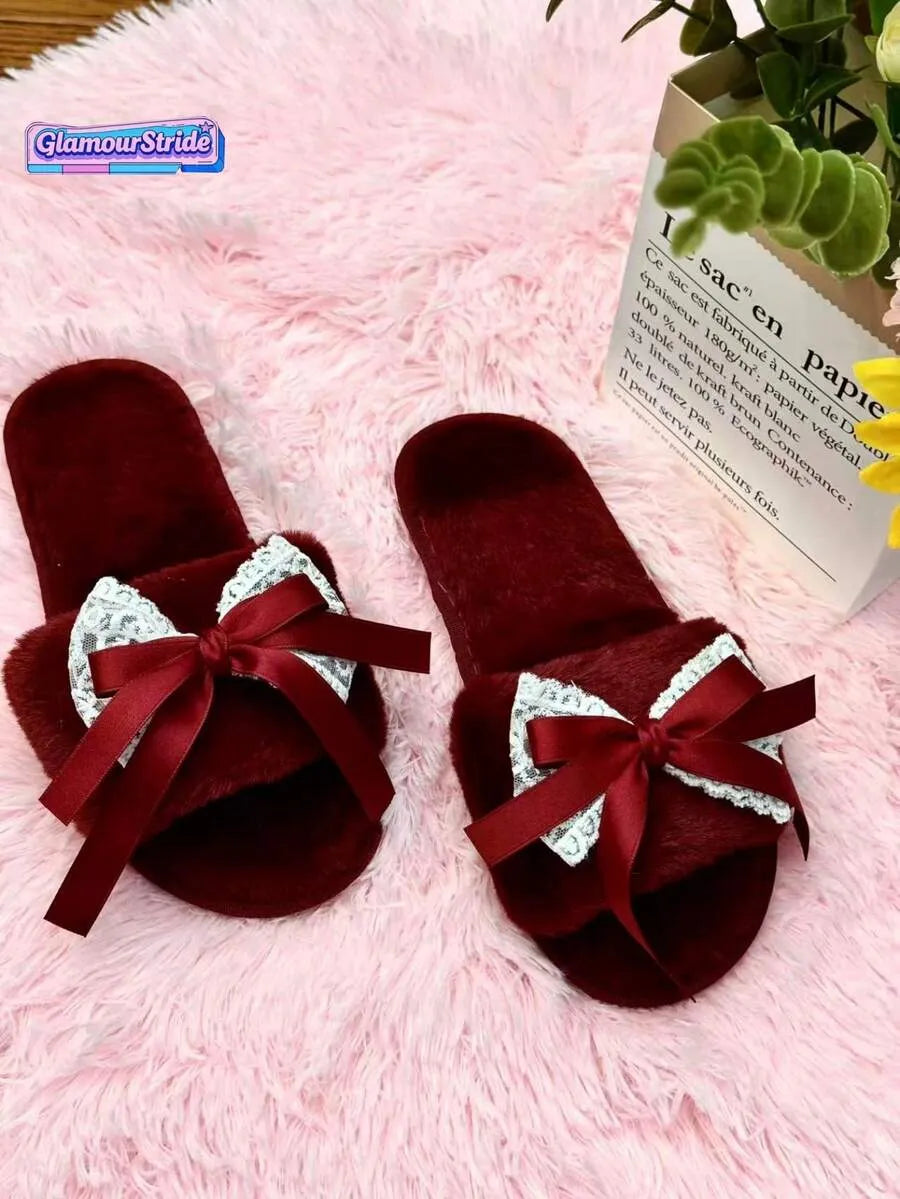 SHEIN شبشب نسائي مسطح مفتوح من الأمام بفيونكة دانتيل