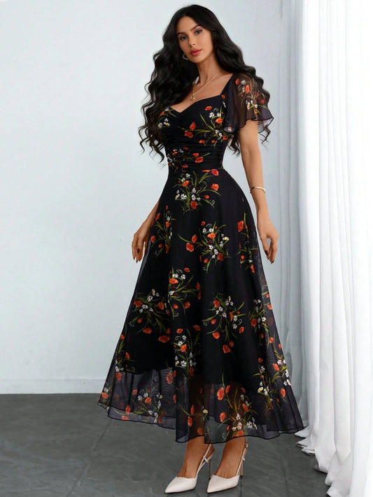 SHEIN فستان طويل أنيق بطبعة زهور سوداء على شبكة