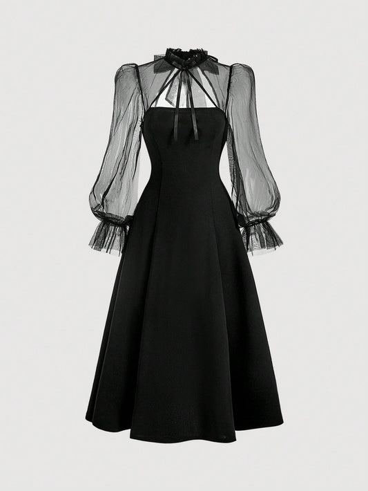 SHEIN MOD فستان طويل الأكمام بياقة عالية وشبك أنيق