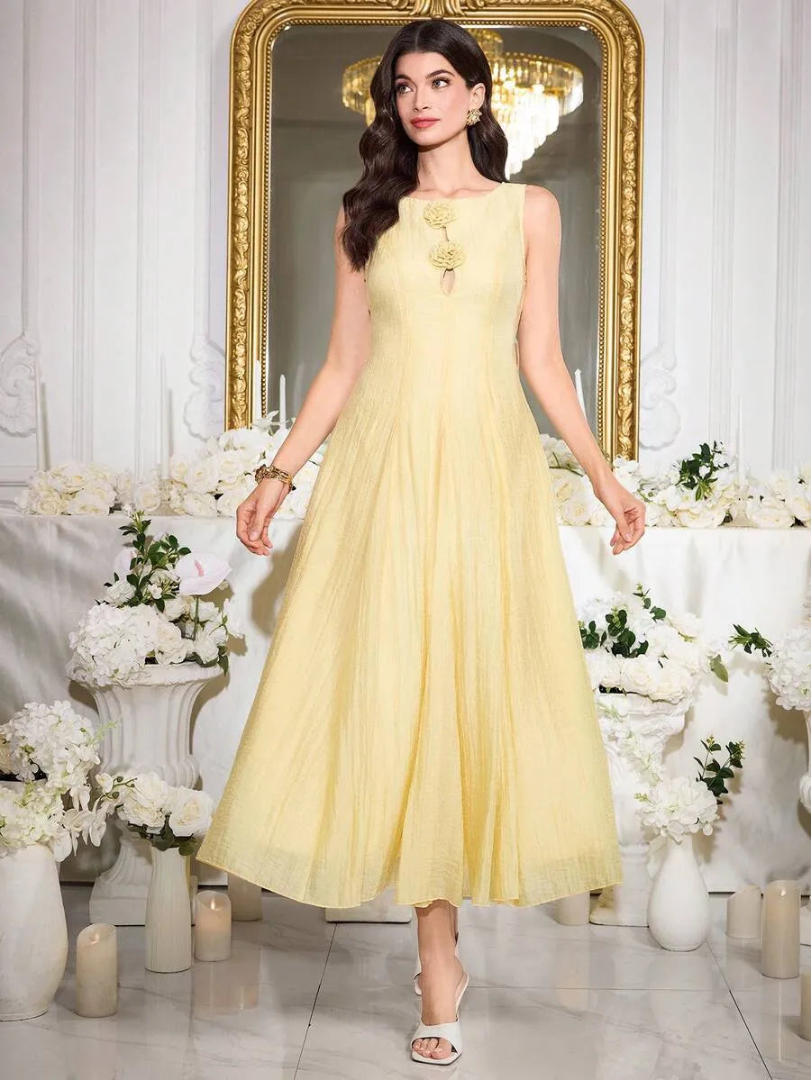 SHEIN Modelyn فستان بطباعة زهور ثلاثية الأبعاد أصفر