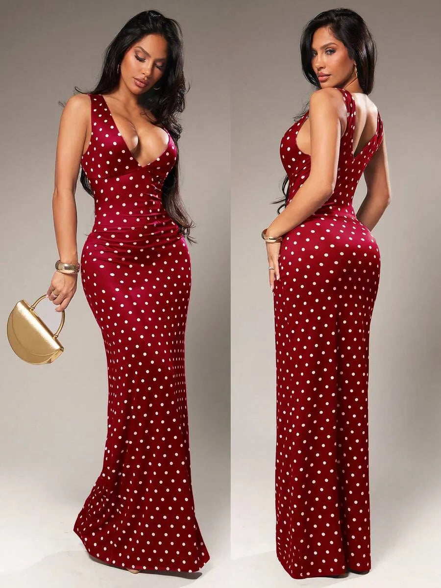 SHEIN Radiana فستان ماكسي ضيق بنقاط بنية وصفراء وظهر مكشوف بتصميم حورية البحر