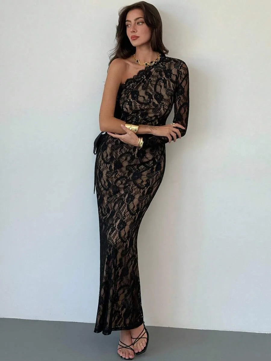SHEIN Aloruh فستان أسود ماكسي بأكمام طويلة ودانتيل بكتف غير متماثل وفيونكة