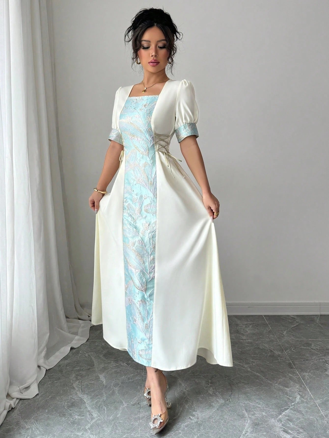 SHEIN Elenzga فستان طويل للنساء بياقة مربعة وتصميم جاكارد فاخر بسحاب