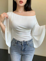 SHEIN Celisse بلوزة نسائية أنيقة بياقة واسعة وأكمام جرس
