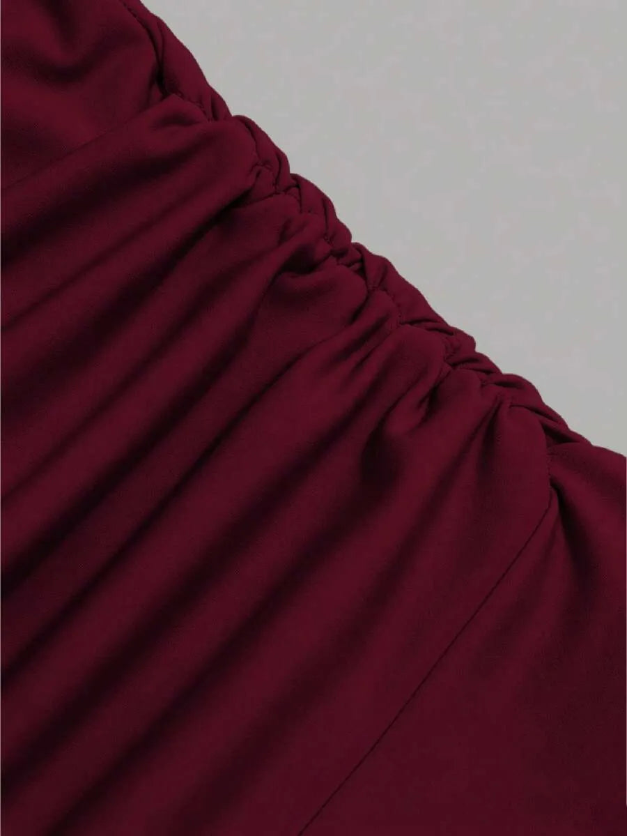 SHEIN Sweetra فستان نسائي أنيق بطول متوسط بتفاصيل دانتيل عنابي اللون