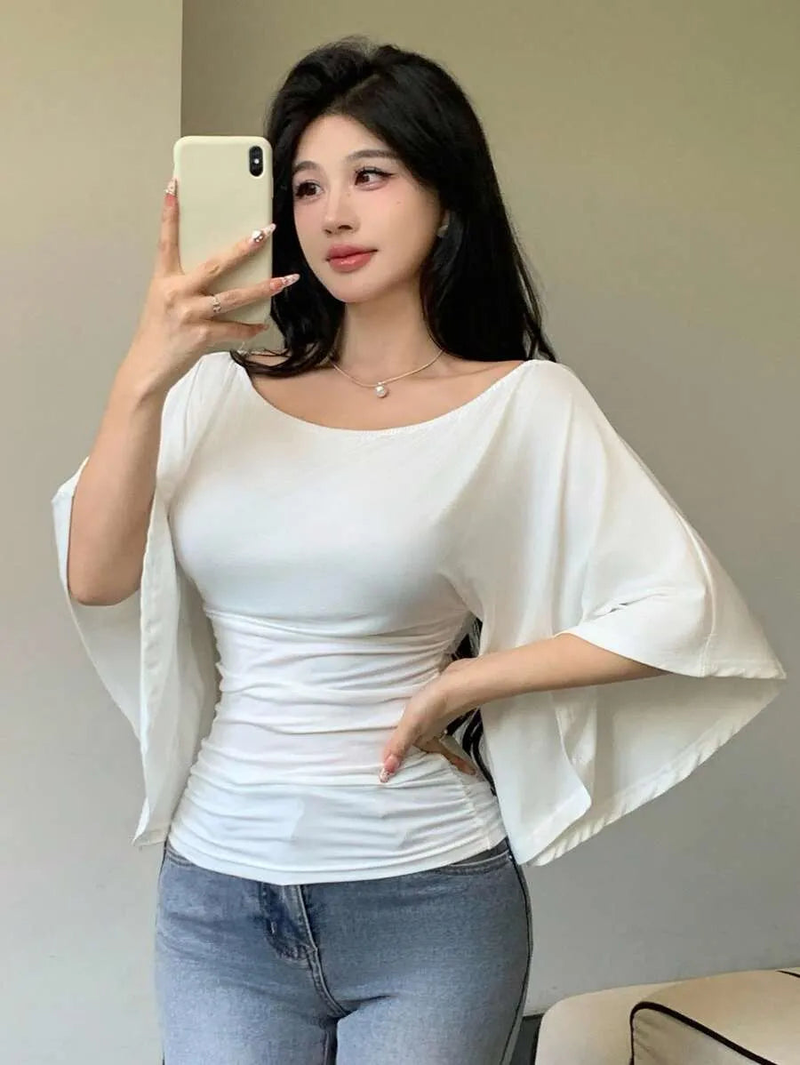 SHEIN Celisse بلوزة نسائية أنيقة بياقة واسعة وأكمام جرس