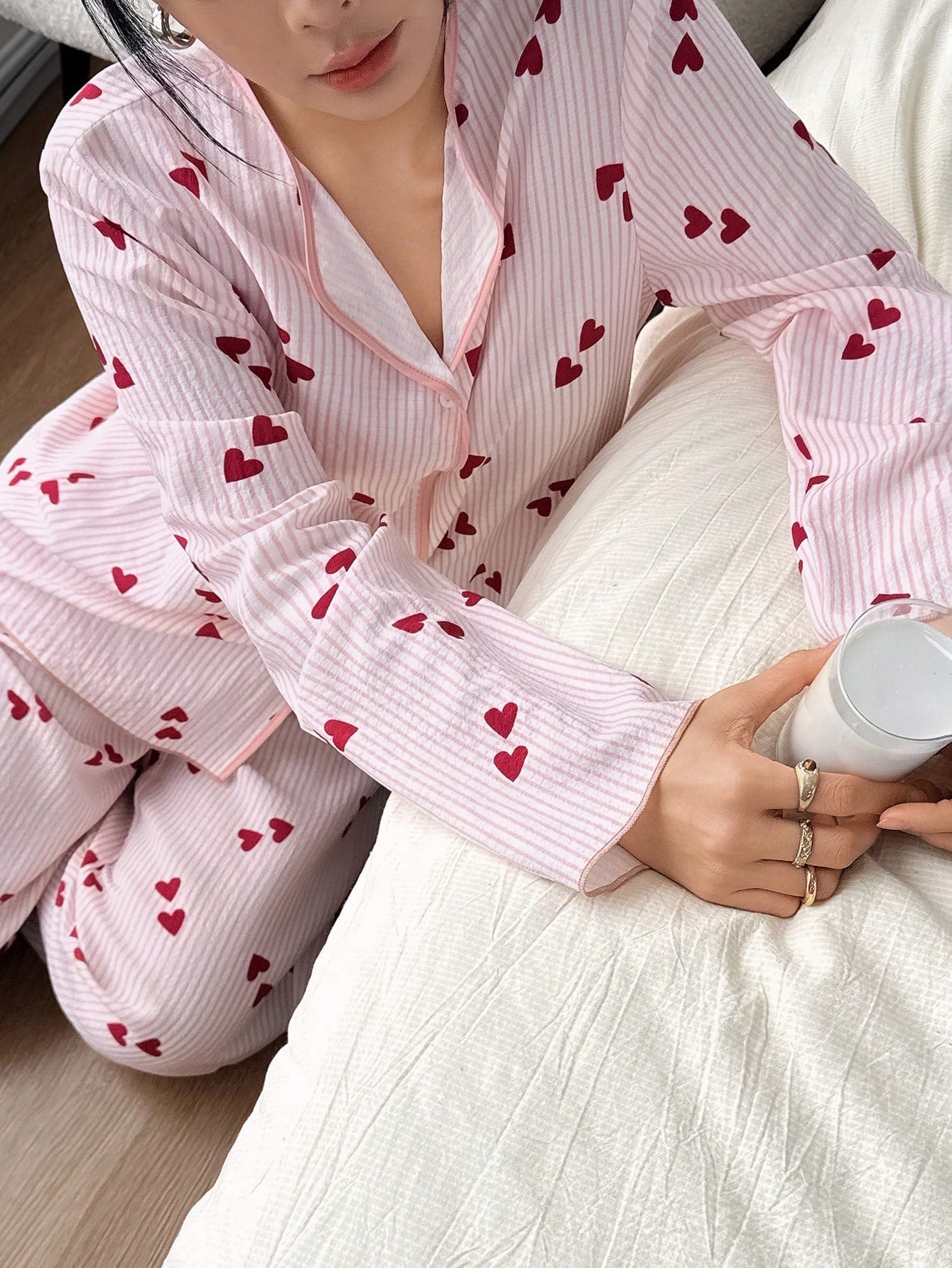 SHEIN Snug Zone بيجامة نسائية كاجوال بعلوية مخططة وبنطلون بأكمام طويلة