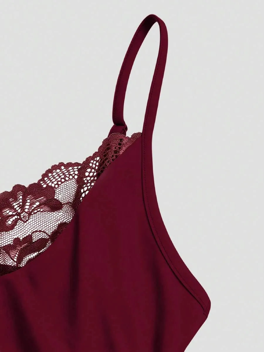 SHEIN Sweetra فستان نسائي أنيق بطول متوسط بتفاصيل دانتيل عنابي اللون