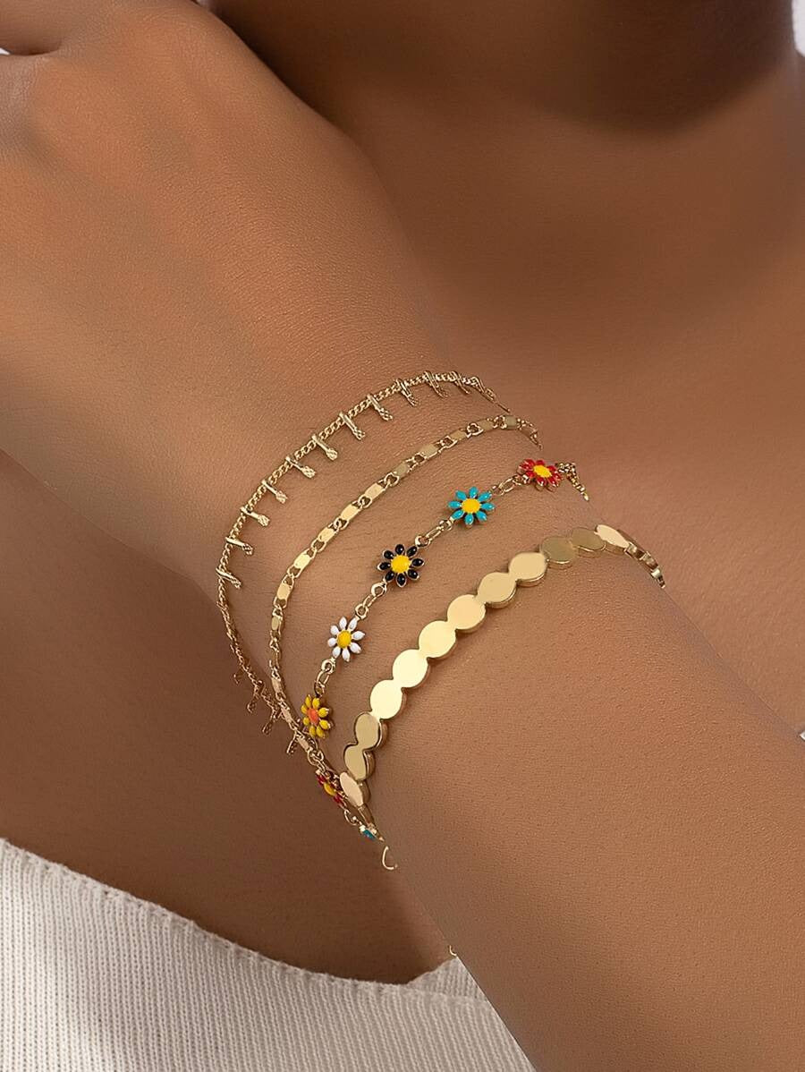 SHEIN طقم 4 أساور نحاسية مطلية بالمينا بشكل أزهار البابونج