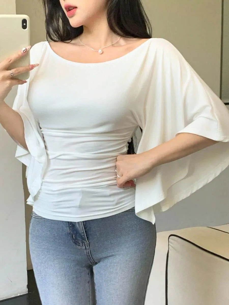 SHEIN Celisse بلوزة نسائية أنيقة بياقة واسعة وأكمام جرس