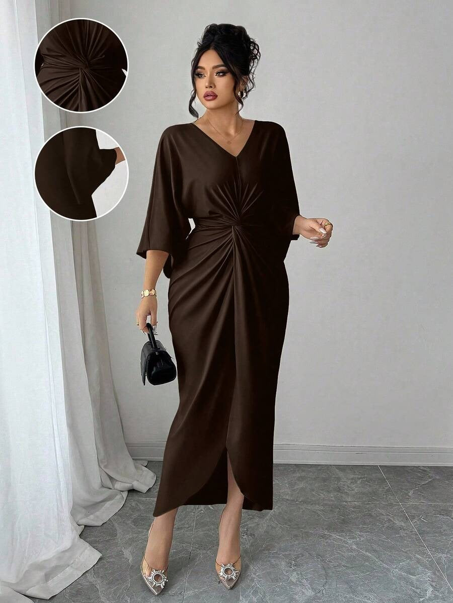 SHEIN Elenzga فستان ناعم ضيق الخصر بلون قهوة بني