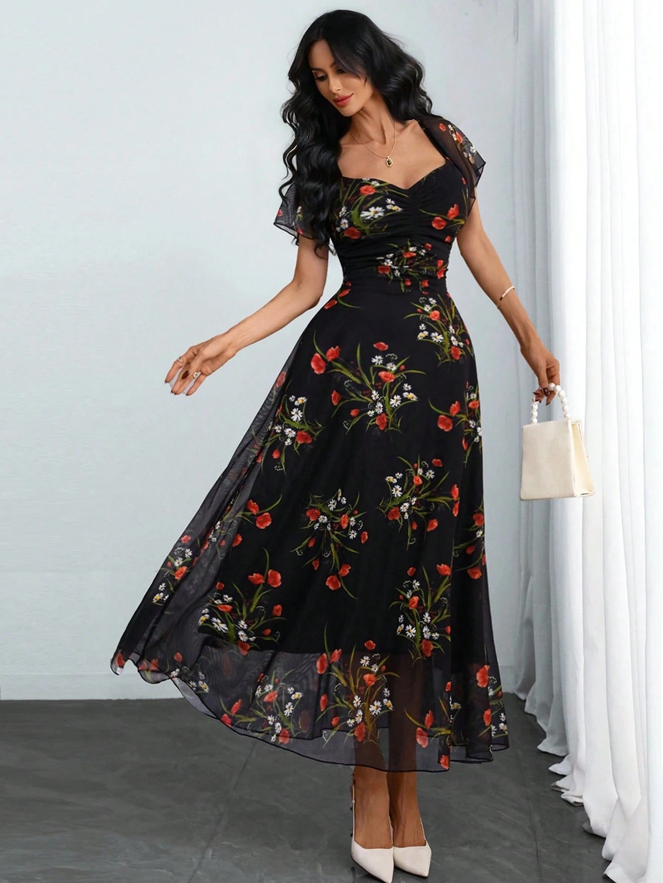 SHEIN فستان نسائي طويل أنيق بطبعة زهور سوداء على شبكة