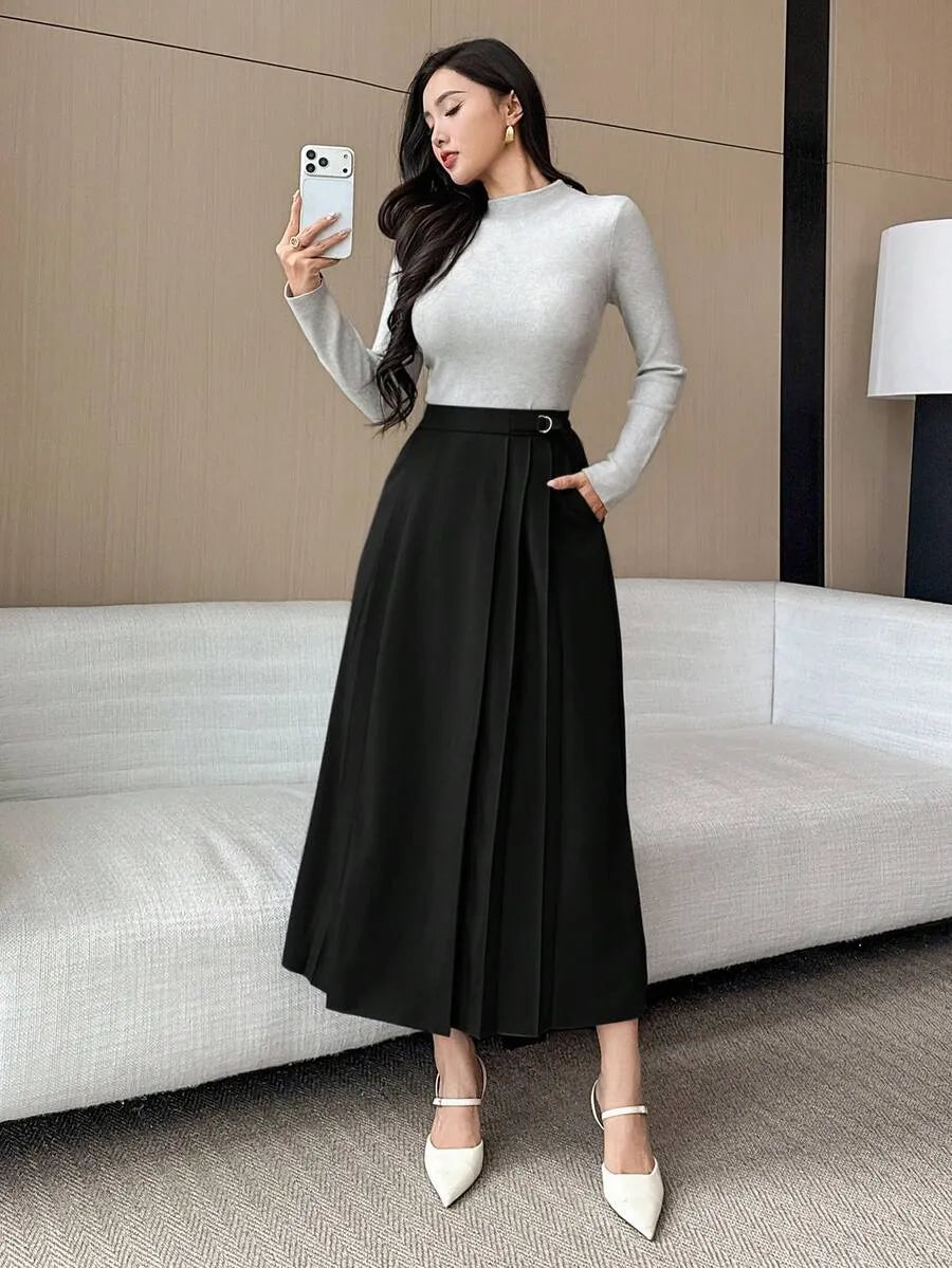 SHEIN DAZY تنورة طويلة بخصر عالي وكسرات أنيقة بحزام من