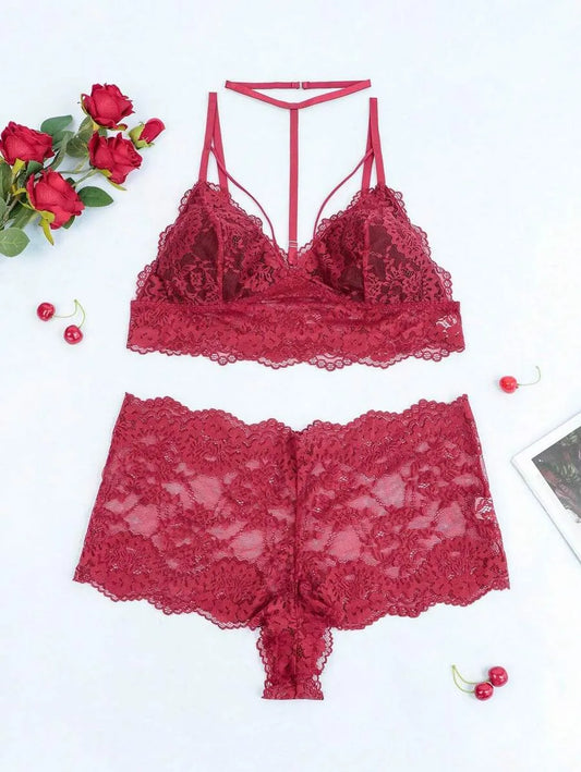 SHEIN Spicy Aura طقم لانجري نسائي 2 قطعة من الدانتيل بدون أسلاك بلون عنابي