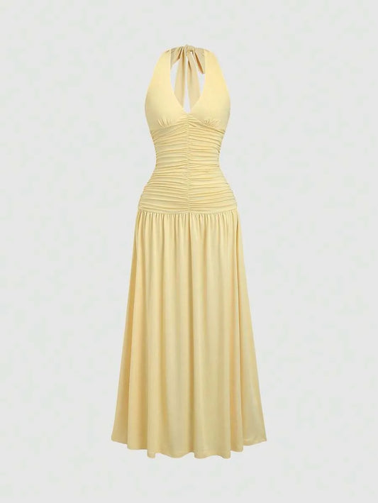 SHEIN Sweetra V فستان نسائي أصفر مكشكش بياقة