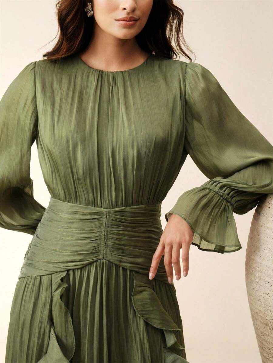 SHEIN Anewsta فستان أخضر زيتوني لامع بكشكش وخصر مجعّد