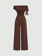 SHEIN Sweetra جمبسوت مكشوف الكتف بفيونكة وخصر مرتفع بطيات