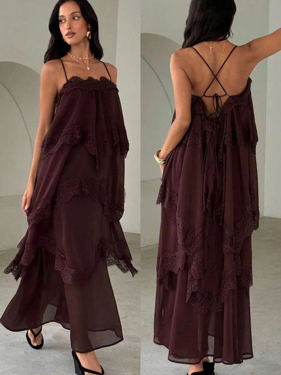 SHEIN Aloruh فستان برغندي طويل من الشيفون والدانتيل بتصميم مرقع فضفاض