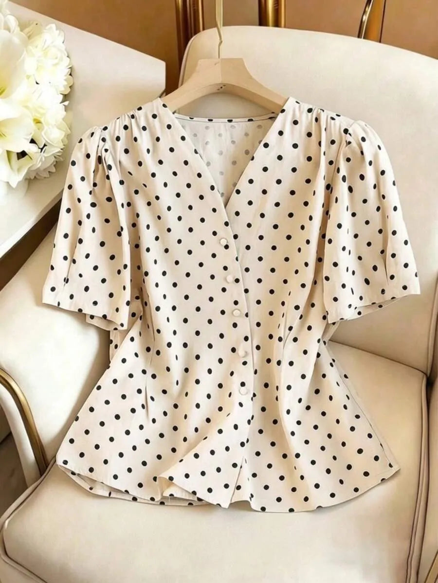 SHEIN GlowEve بلوزة نسائي وأكمام منتفخة بنقاط برباط خصر وأزرار جانبية