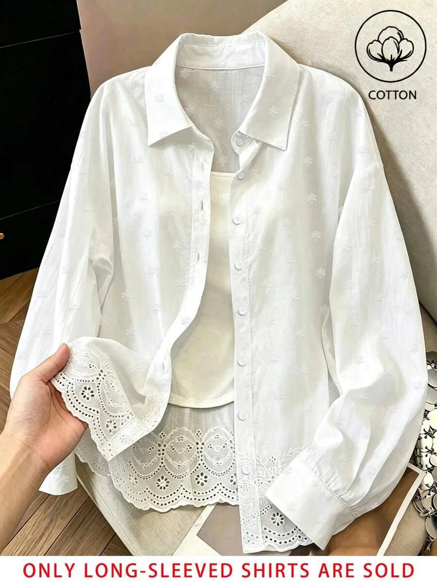 SHEIN Franclia بلوزة قطنية فضفاضة مطرزة بلون أحادي للنساء