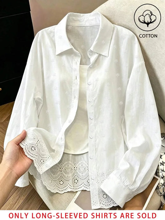 SHEIN Franclia بلوزة قطنية فضفاضة مطرزة بلون أحادي للنساء