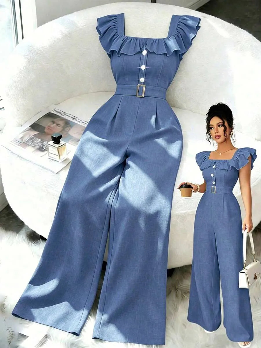 SHEIN Elenzga جمبسوت نسائي أنيق بياقة مربعة وكشكشة وبنطال واسع من