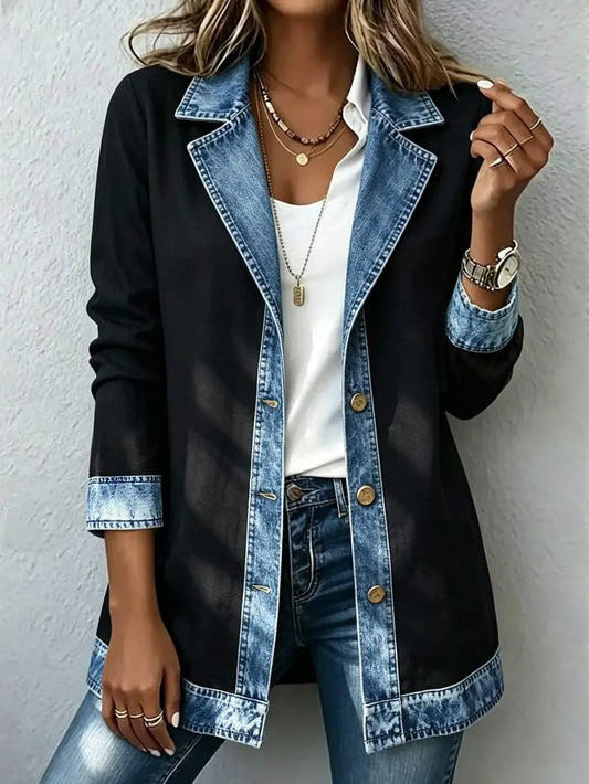 SHEIN LanaWest جاكيت دنيم أسود نسائي بطراز ريترو بياقة قميص