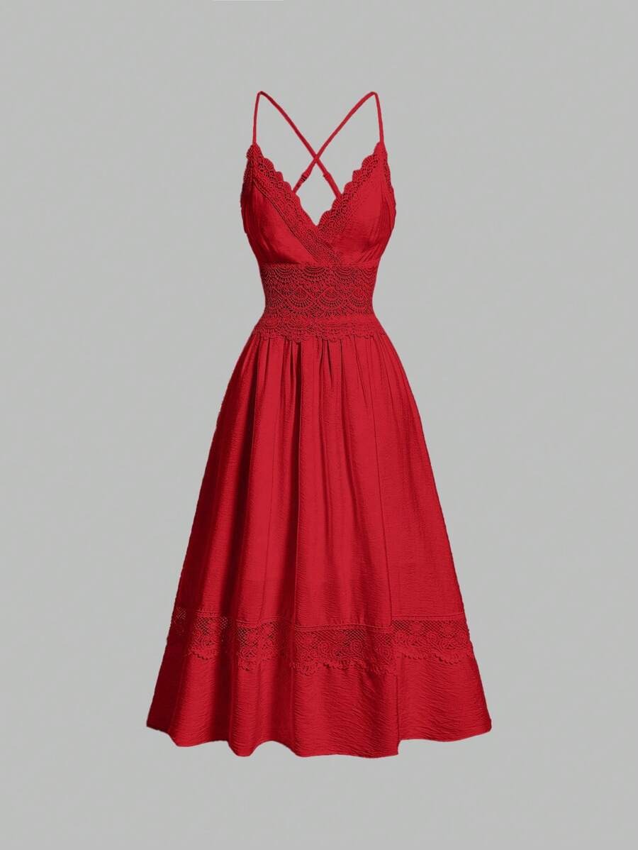 SHEIN MOD فستان سباغيتي دانتيل فينتاج احمر طويل