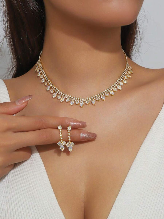 SHEIN طقم مجوهرات ذهب 18 قيراط قلادة وأقراط كريستال