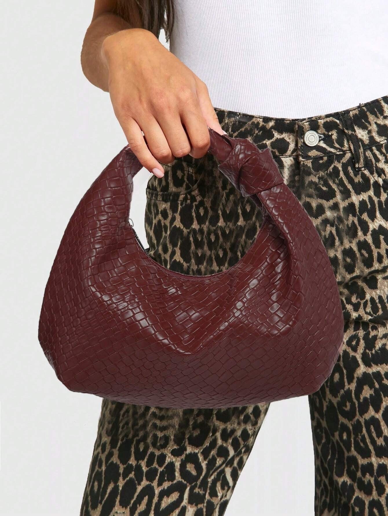 SHEIN حقيبة كتف نسائية جلد مدبوغ بنمط فهد وكروشيه كاجوال للخريف
