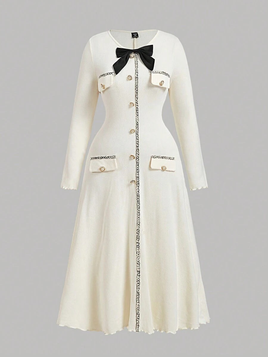 SHEIN MOD فستان طويل بأكمام طويلة مع رباط فيونكة و أزرار ذهبية