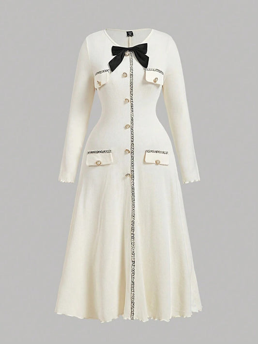 SHEIN MOD فستان طويل بأكمام طويلة مع رباط فيونكة و أزرار ذهبية