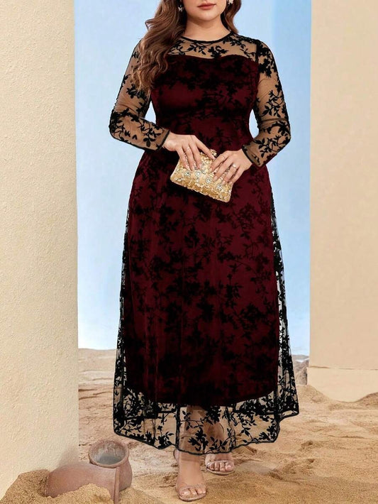 SHEIN  YI XUAN WOMENS فستان عنابي طويل أنيق بياقة دائرية