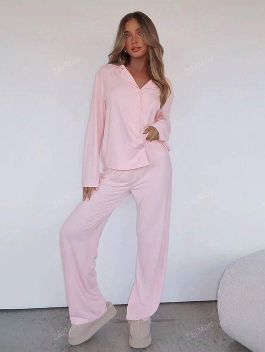 SHEIN طقم بيجامة بلون وردي سادة
