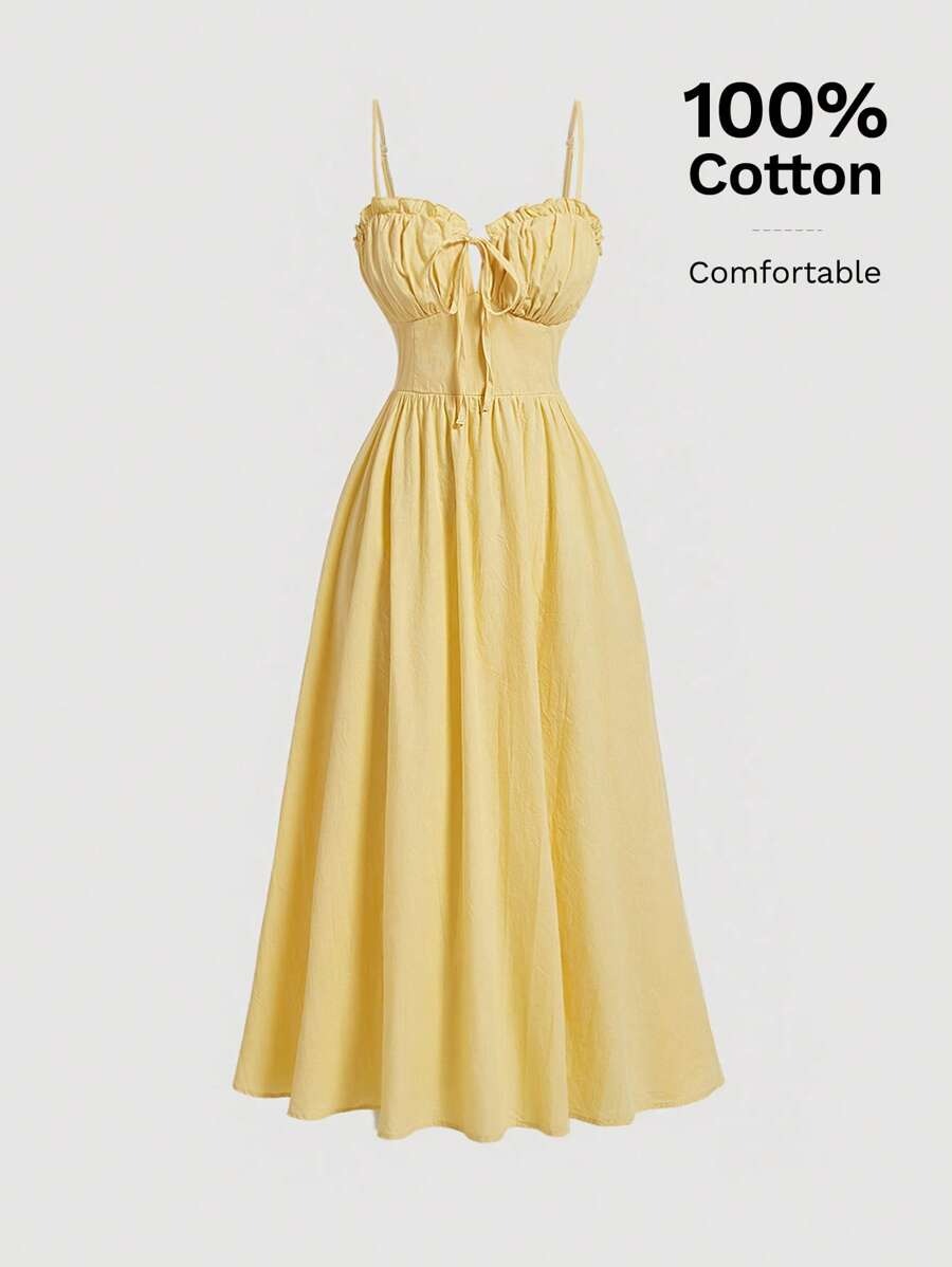 SHEIN MOD فستان اصفر كامي بحواف راهية وربطة أمامية